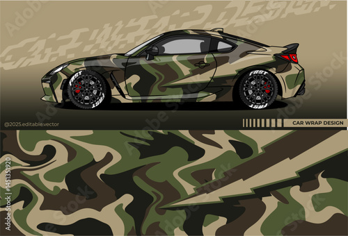Illustration vector grahic of Car wrap decal with abstract camouflage design. Army colour. Livery car editable. Mockup template sticker vinyl for racing, rally, drift or daily use