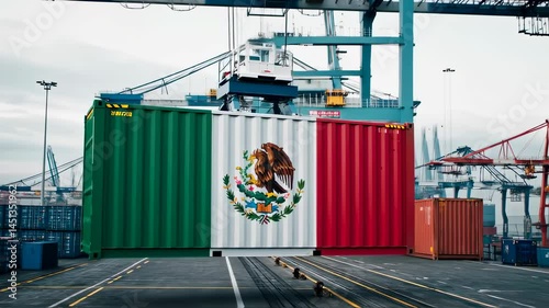 Vibrant Mexican flag displayed on a cargo container at a bustling port showcasing national pride and trade activity