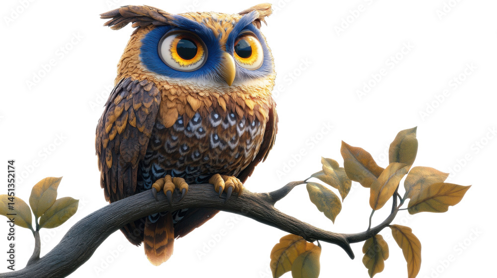 Naklejka premium Cartoon Owl Perching on Leafy Branch Featured Isolated on White Background for Wildlife, Kids, and Nature-Themed Design Projects