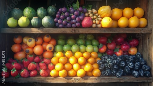 Rustic display of fresh produce showcasing a vibrant variety of fruits on wooden shelves