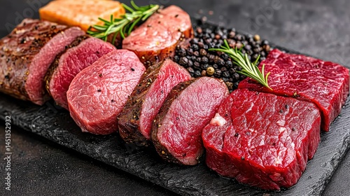 Fototapeta Naklejka Na Ścianę i Meble -  Assorted Red Meat Cuts on Dark Slate Board
