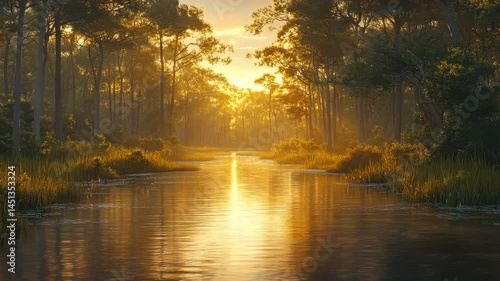 A serene river winds through a dense forest, illuminated by the warm golden light of sunrise or sunset reflecting on the water.
