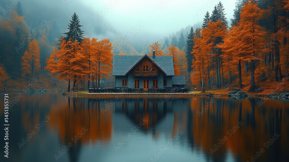 Fototapeta premium Autumnal Lake House Serenity: A Misty Mountain Retreat