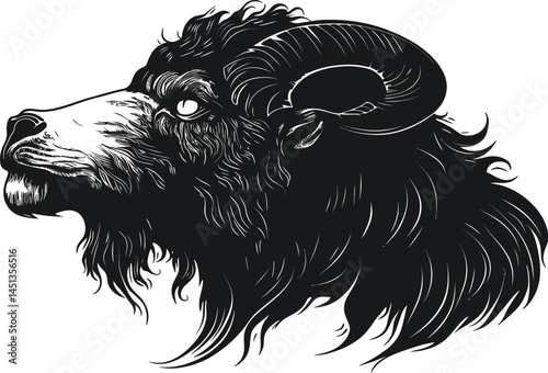 Detailed Ram Head Silhouette Vector Illustration in Black and White

