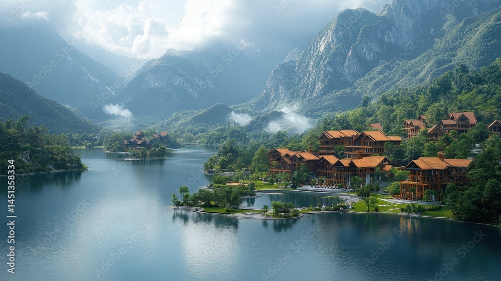 Naklejka premium Serene Mountain Lake Resort: Breathtaking View of Wooden Chalets Nestled Amongst Lush Greenery and Majestic Mountains