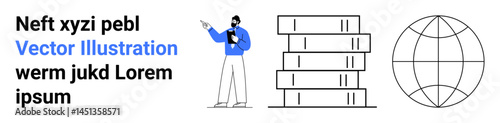 Person in blue pointing with clipboard, five stacked books, geometric globe. Ideal for education, study resources, global learning, knowledge sharing, teaching aids, modern infographics simple