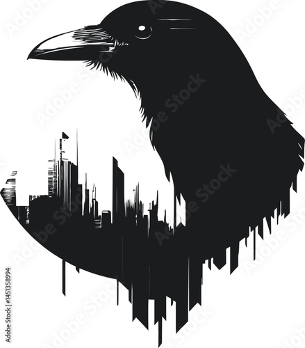 Crow and City Skyline Double Exposure Silhouette Art

