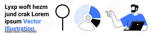 Man pointing at data on a pie chart, magnifying glass symbolizing research, gear for settings. Ideal for analytics, teamwork, strategy, education, research, presentations flat landing page banner