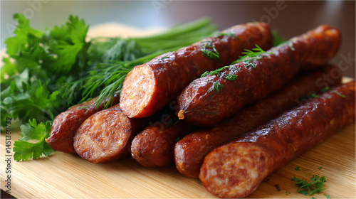Wallpaper Mural  Smoked Sausages on Wooden Board with Herbs Torontodigital.ca