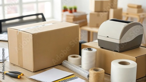 Realistic desktop with shipping label printer barcode labels and packing supplies