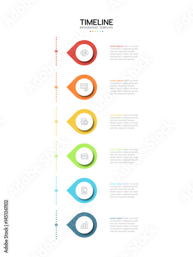 Timeline infographic template displaying six vertical pointers with a gradient from red to dark blue. Each pointer contains an icon and text area. Vector illustration.