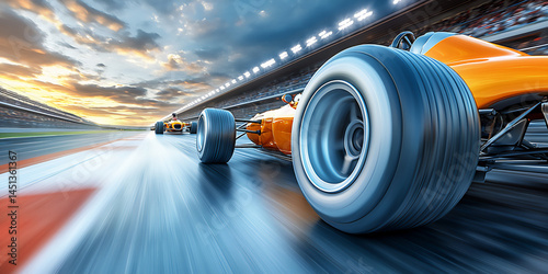 yellow f1 stadium racing neck and neck dusk