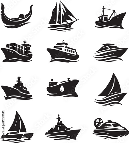 Set of silhouette logo of Ships, gondola and naval