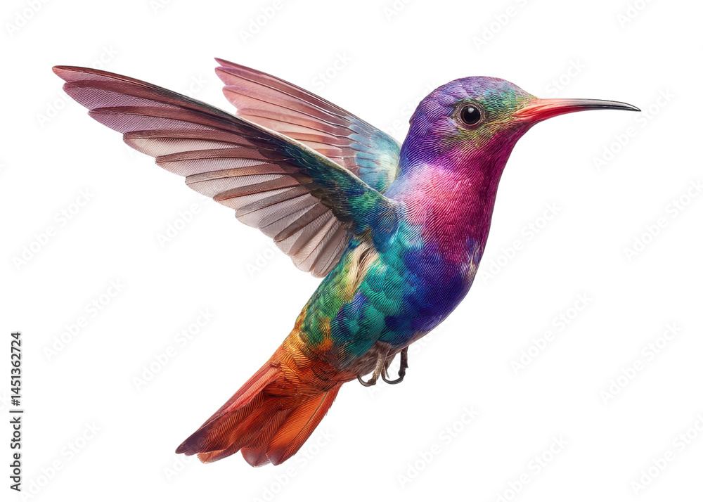 Fototapeta premium Colorful hummingbird flying with outstretched wings, isolated on transparent background, nature, wildlife, bird