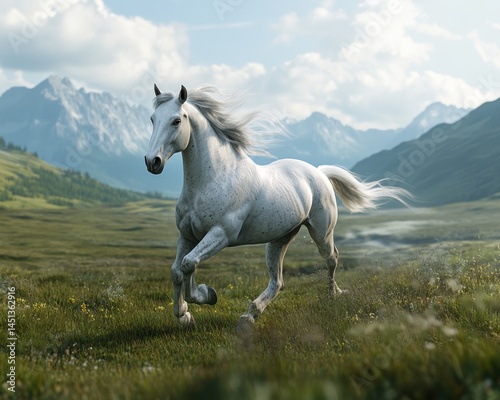 Majestic white horse galloping in lush landscape.
