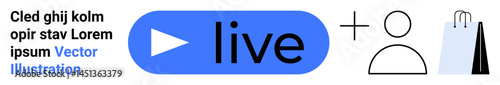 Play button with live text, user figure, shopping bag, and abstract shapes. Ideal for live broadcasting, online shopping, digital marketing, user interaction, e-commerce branding social media