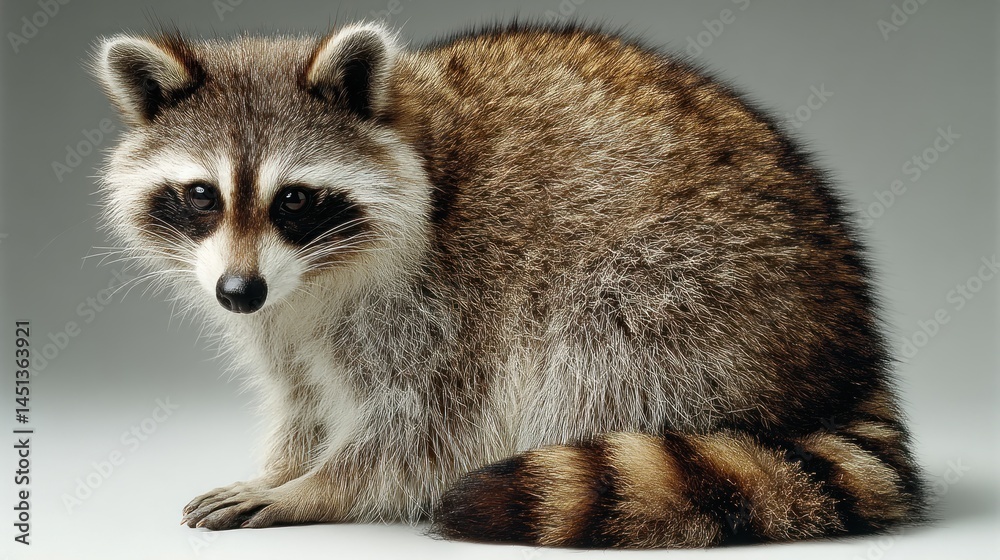 Obraz premium Raccoon sitting with tail visible, clean view