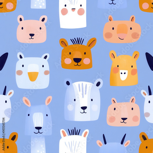 Wallpaper Mural Cute animal faces with various expressions on blue background, featuring bears, llamas, and more Torontodigital.ca