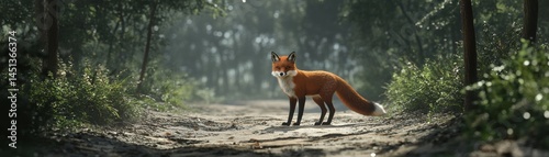 A fox standing on a forest path.