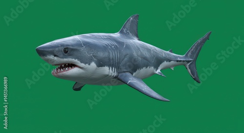 Great White Shark Swimming with Open Mouth on Green Screen