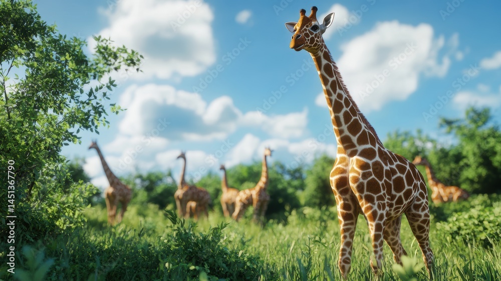 Fototapeta premium Majestic giraffes roaming in a vibrant landscape.