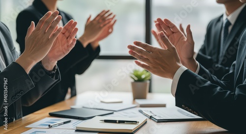 Business People Clapping Hands During Meeting at Table