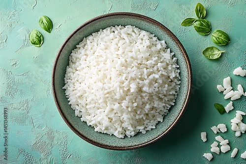 Overhead shot of a bowl filled with steamed white rice with fresh basil leaves
