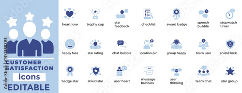 Editable customer satisfaction icons ideal for reviews, feedback, support, CRM, and business communication design needs