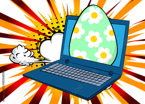 Cartoon Laptop, comic book Notebook with Easter Egg. Retro vector comics pop art design.