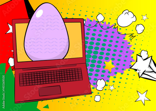 Cartoon Laptop, comic book Notebook with Easter Egg. Retro vector comics pop art design.