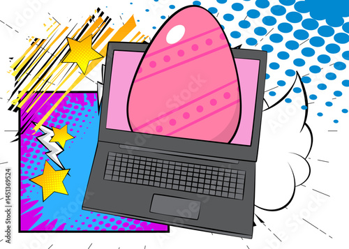 Cartoon Laptop, comic book Notebook with Easter Egg. Retro vector comics pop art design.