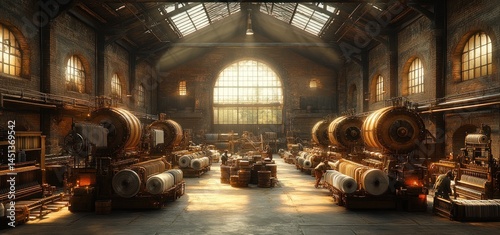 Sunlit Industrial Grandeur: A Textile Mill's Golden Hour