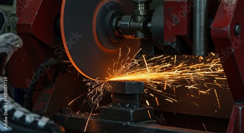 Metal Grinding Sparks Fly From Industrial Machine Cutting Steel