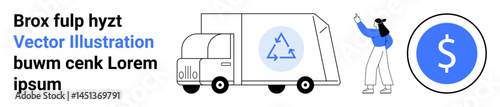 Delivery truck with recycling icon, person gesturing toward environmental idea, and circular coin graphic. Ideal for sustainability, logistics, recycling, business, eco-commerce, economics simple