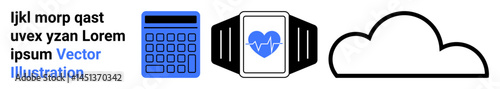 Calculator, smartwatch with heart monitor, and cloud symbol suggest technological innovation, fitness tracking, and data storage. Ideal for tech, health, learning, cloud computing connectivity