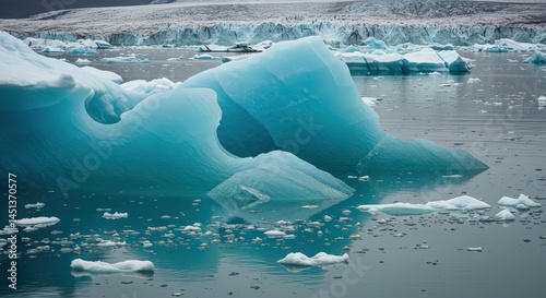 Iceberg Floating in Cold Water with Glacier Background