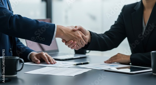 Business People Shaking Hands at Desk, Agreement and Deal