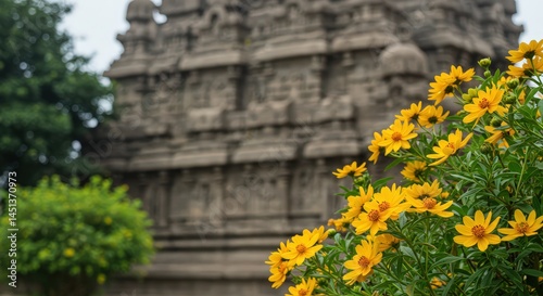 Yellow Flowers Bloom Near Ancient Stone Temple Structure