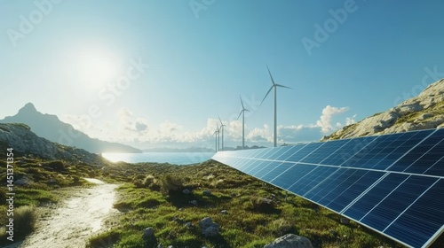Sustainable energy landscape with solar panels photo