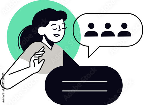 An illustration of a woman discussing teamwork with others. It's a visual for collaboration and sharing ideas suggesting discussion and communication.