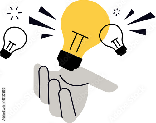 This illustration depicts an idea's generation. A hand holds a bright bulb with smaller bulbs around it. Use it for brainstorming or innovative concepts.