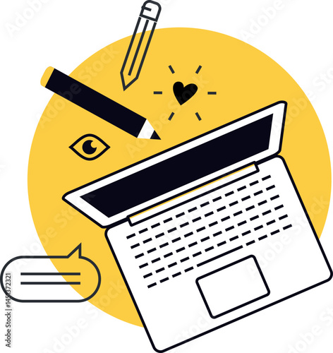 This image shows a laptop heart eye pencil and chat icon perfect for blogs websites or content creation projects. Use it to represent online communication.
