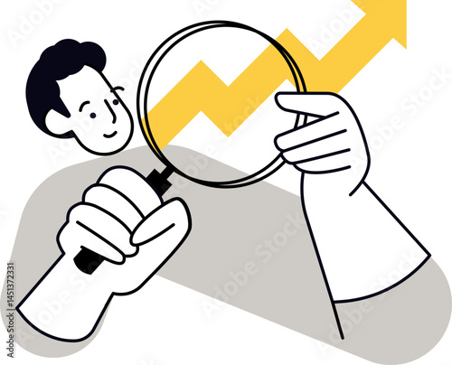 A person uses a magnifying glass to examine a rising graph symbolizing growth and progress. It suggests analysis and business applications.