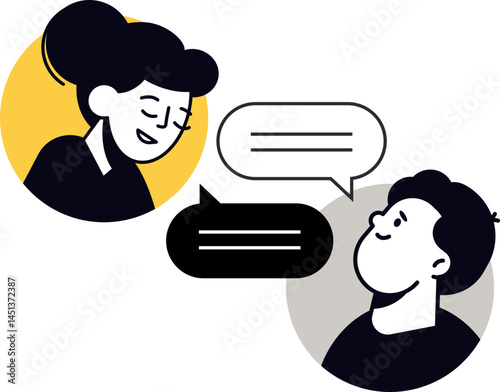 Illustration of two people communicating with speech bubbles. Suitable for articles on conversations interviews or online chats. Use for website banners or social media posts.