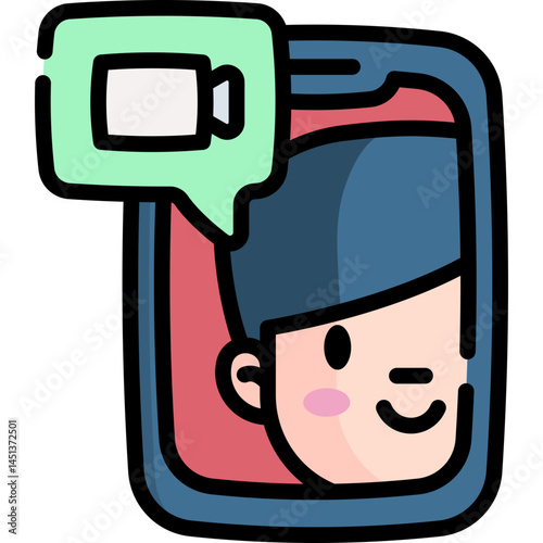 A person on a video call on their phone. Shows a smiling face with video call bubble. Suggests staying connected with friends or family.
