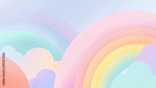 Cute Pastel Rainbow and Fluffy Cloud Sky Background for Kids, Nursery Wall Art, Baby Shower or Greeting Card Design