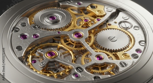 Watch Mechanism Close-up with Gears and Jewels Timekeeping