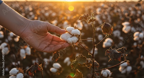 Picking Cotton in Field at Sunset Hand Touching Fluffy Boll