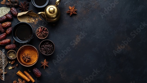 Aromatic spices, dates, and coffee on dark background.