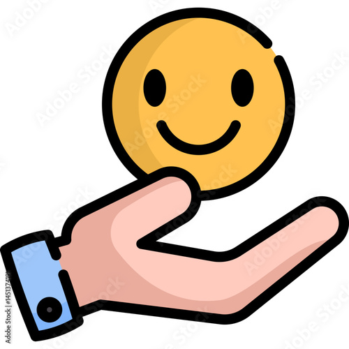 A hand offering a smiley face. This icon represents positivity satisfaction and excellent customer service. Use it in surveys or feedback forms.